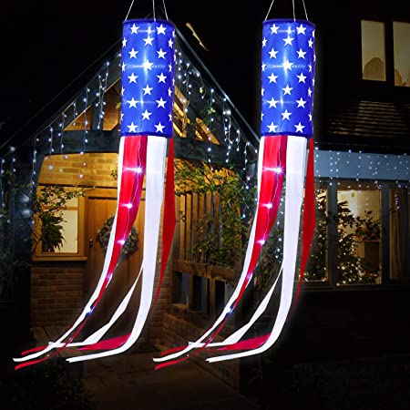 American Flag Windsock US Stars and Stripes Windsock Star Hanging Windsocks Decoration with LED Lights for 4th of July Party Decoration Outdoor Yard Patio Garden Pathway (2)