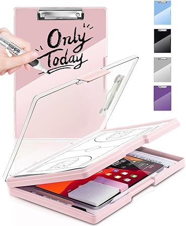 Clearview Clipboard with 2 Storage, Dry Erase 8.5x11 Heavy Duty ClipBoards - High Capacity Coaches Clip Board with Pen Holder - Side Opening Plastic Nursing Clip Case (Pale Pink)