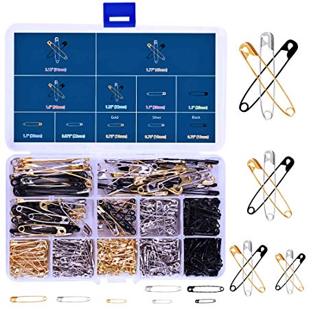 490 Pieces 7 Sizes Heavy Duty Safety Pins Assorted Durable, Large Strong Safety Pins Gold Silver Black 19mm - 54mm for Home Office Use Art Craft Sewing Jewelry Making