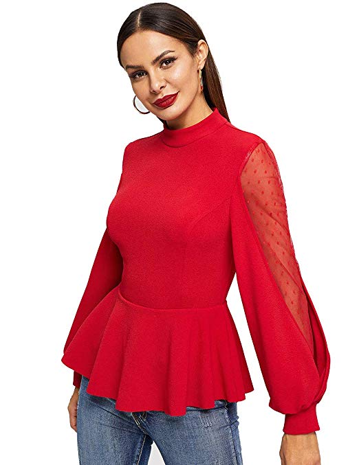 Romwe Women's Solid Mesh Long Sleeve Elegant Work Ruffle Hem Peplum Top