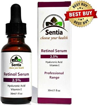 The Best Retinol skin Serum 2.5% for your Face & Neck - With Hyaluronic Acid & Vitamin E - 30 ml Sentia Professional Anti Ageing Range. Natural, Organic Serum made from the finest Anti Aging Ingredients. Look Fabulous & Reduce Fine Lines, Wrinkles and the signs of Ageing. 100% Satisfaction.