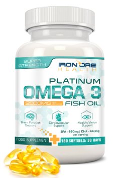 Omega 3 Platinum Fish Oil 2000mg - 660 EPA 440 DHA per serving - Brain Heart and Joint Health - Highest Quality Ingredients - 180 Capsules