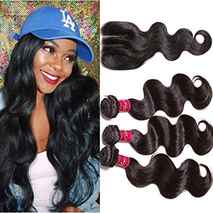 Unice Hair 3 Way Part 1pc 4x4 Lace Closure with Virgin Brazilian Human Hair 3 Bundles Weaves 4pcs Lot Body Wave Natural Color (12 14 16 10inches)