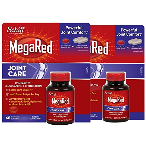 Schiff MegaRed Joint Care with Krill Oil, Hyaluronic Acid and Astaxanthin - 2 Bottles, 60 Softgels Each