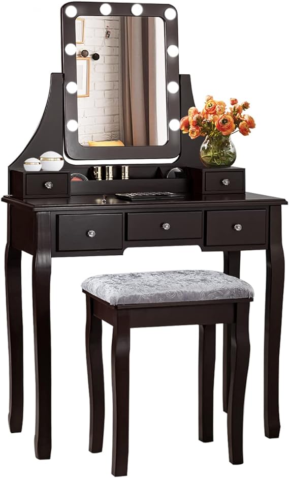 COSTWAY Vanity Desk Set with Lighted Mirror, 360° Swivel Vanity Mirror Desk w/ 10 LED Bulbs, Makeup Dressing Table with 5 Drawers, Vanity Table with Cushioned Stool for Bedroom, Women, Girls (Coffee)