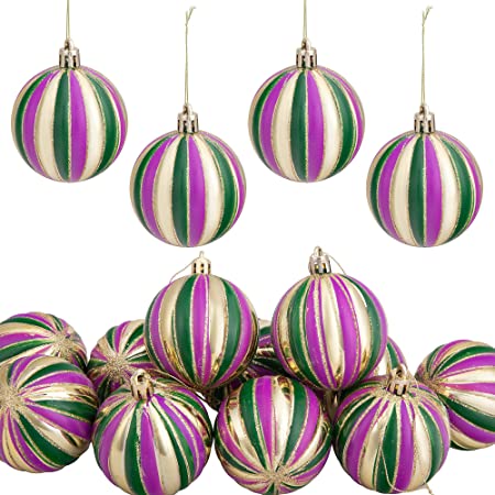 Watayo 12 PCS Mardi Gras Ball Ornaments-2.36 Inch Mardi Gras Shatterproof Hanging Ornaments for Mardi Gras Holiday Christmas Ornaments New Orleans Party (Vertical Striped)