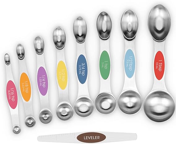 Aovchei 9 PCS Magnetic Measuring Spoons Set, Dual Sided, Stainless Steel Small Tablespoon, Teaspoons, Fits in Spice Jars, for Dry and Liquid, MultiColor