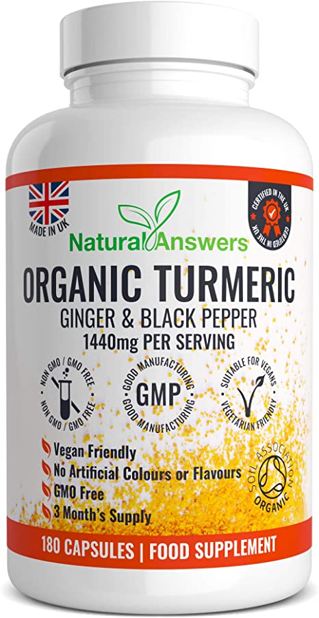 Organic Turmeric Curcumin 1440mg with Black Pepper & Ginger - 180 Vegan Turmeric Capsules High Strength (3 Month Supply) – Certified Organic by Soil Association - Made in The UK by Natural Answers