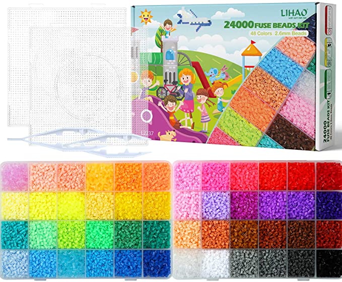 24000 x Fuse Beads Kit, LIHAO 48 Colors 2.6mm Mini Fuse Beading Kit, Multicolored Iron on Fused Beads Kit, Great Supplies for Fuse Beads Artist, Kid's Birthday Gift
