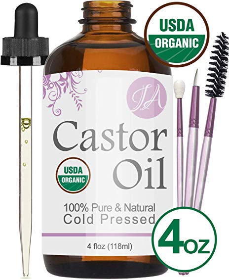 Castor Oil (Organic - 4oz) 100% Pure & Natural - Cold Pressed, Hexane & Chemical Free - All-Natural Carrier Oil Solution - Eyelash Serum - Helps Stimulate Growth for Lashes, Eyebrows, Hair, More!