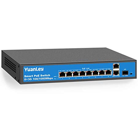 YuanLey 11 Port Full Gigabit Ethernet PoE Switch 8 Port PoE |2 Port Uplink|1 SFP Port, 10/100/1000Mbps Speed, 120W,802.3af/at,Unmanaged Plug & Play