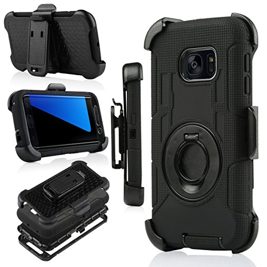 Galaxy S7 Edge Case, J.west Hybrid Dual Layer Combo Holster Case Heavy Duty Rugged Protective Case with Built-in Rotating Kickstand Swivel Belt Clip Holster for Samsung Galaxy S7 Edge (Black)