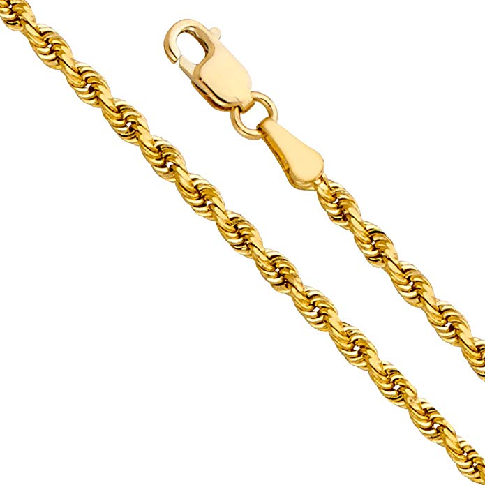 14k REAL Yellow Gold SOLID 3mm Rope Diamond Cut Chain Necklace with Lobster Claw Clasp