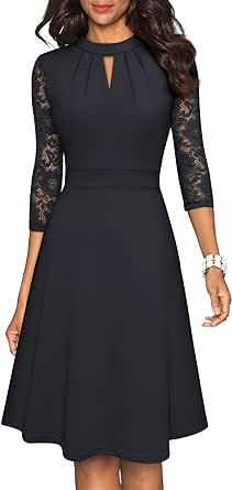 HOMEYEE Women's Elegant Hollow Out Lace Sleeve Swing Pleated Party Cocktail Dress A234