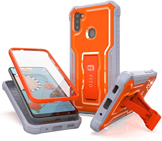 FITO Samsung Galaxy A11 Case, Dual Layer Shockproof Heavy Duty Case with Screen Protector for Samsung A11 Phone, Built-in Kickstand (Orange, SAM A11)
