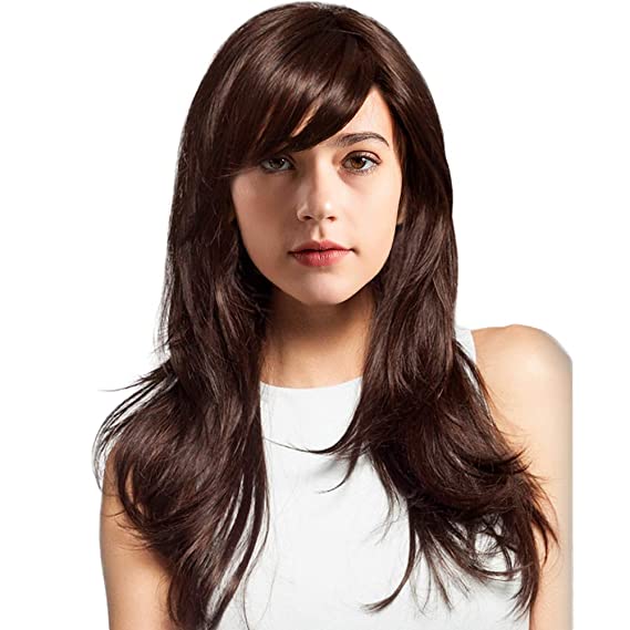BLONDE UNICORN Natural Long Human Hair Wig for Women Wavy Hair Wig with Bangs Dark Brown Hair Wigs