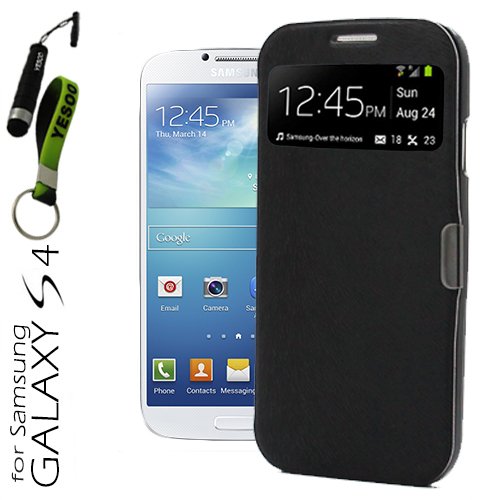 YESOO (Black) Smart View Flip Cover With Magnetic flap closure Case for Samsung Galaxy S4 S IV SIV S 4 Iv Gt-i9500 With Aluminum Touch Pen And Silicone Key Chain (Compatible Model: AT&T, T-Mobile, Sprint, Verizon, US Cellular)