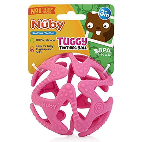 Nuby 100% Silicone Tuggy Teether Ball, 3 Months+ (Pink)