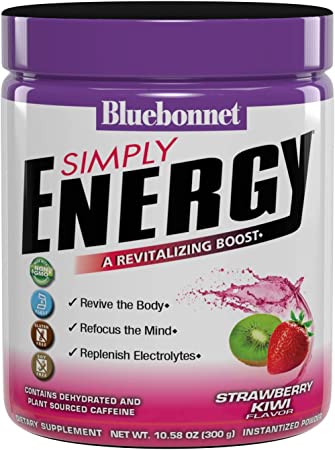 Bluebonnet Nutrition Simply Energy Powder - No Artificial Colors, Flavors or Sweeteners - Soy-Free, Gluten-Free, Non-GMO, Kosher, Dairy-Free, Vegan - 10.58 oz, 30 Servings - Strawberry Kiwi Flavor