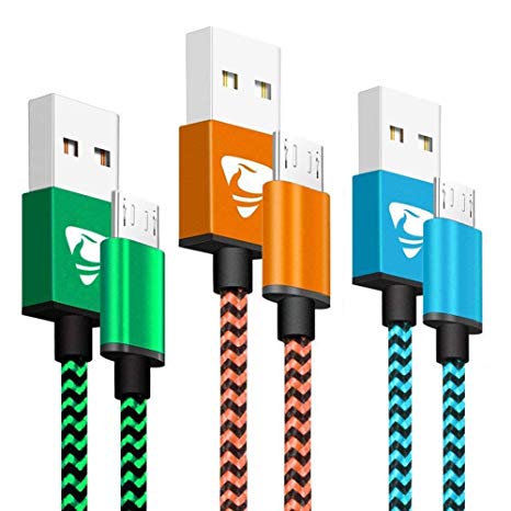 Micro USB Cable Aioneus Android Charger Cable [3-Pack, 6 ft] Nylon Braided Fast USB Charging Cable Compatible with Samsung, Huawei, Sony, Nexus, HTC, PS4 and More - Blue, Green, Orange