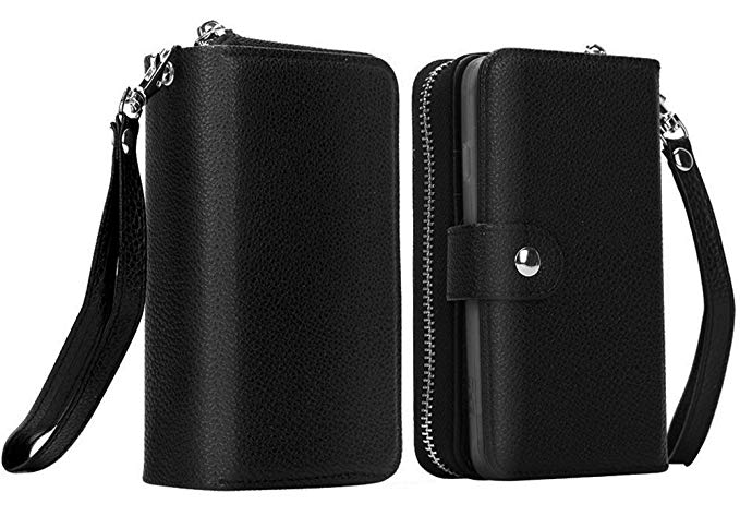 iPhone X Cases, Xiron iPhone X Wallet Case, Zipper Hand Purse with Strips Flip PU Leather Cover with Card Slots Detachable Slim Magnetic Cover for Apple iPhone X for Women (Black)