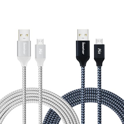 iSeekerKit USB Charging Cords(6ft), 2 Pack High Speed USB 2.0 A Male to Micro Nylon Braided Cords with Aluminum Connectors for Samsung, Android and more(Black&Silver)
