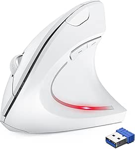 Ergonomic Mouse, 2.4GHz Optical Vertical Mouse with 5 Adjustable DPI Levels, Up to 4800 DPI, Silent Wireless Mouse with 6 Ergonomic Buttons for Laptop, Desktop, PC, MacBook -White