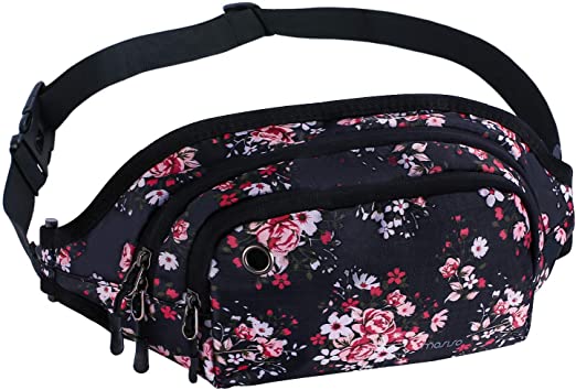 MOSISO Fanny Pack Waist Bag Unisex Sports Hiking Running Bum Belt Outdoor Pouch, Rose on Black Base