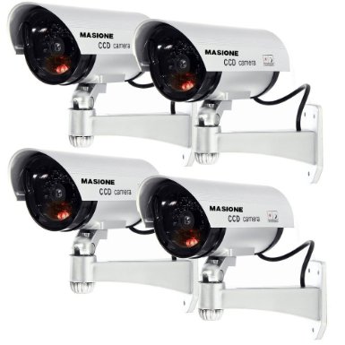 Masione 4 Pack Outdoor Fake/ Dummy Security Camera w/ Blinking Light CCTV Surveillance (Silver)