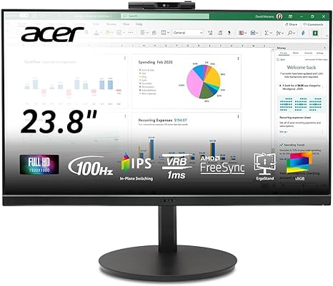 Acer Vero CB242Y D3bmiprcx 23.8" FHD 1920x1080 Zero Frame IPS Home Office Computer Monitor | 100Hz | 99% sRGB | FHD Webcam | Height Adjustable Stand - Swivel, Tilt & Pivot | Display Port, HDMI & VGA