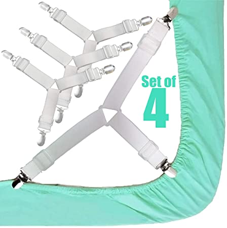 Bed Sheet Holder Straps Bed Sheet Fasteners Adjustable Triangle Elastic Mattress Sheets Clips 3 Way Suspenders Grippers Holder (4 Pcs) Mattress Covers Corner Holder Fastener Sofa Cushion (White)