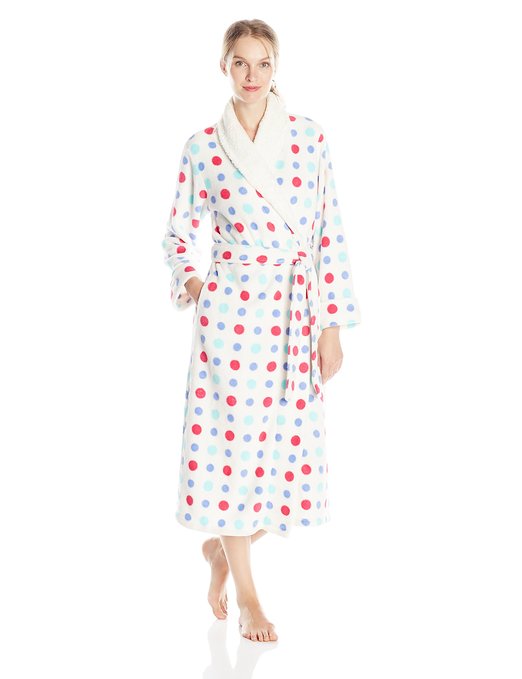 iRelax Womens Multi Dot Plush Long Robe with Shaggy Plush Trim