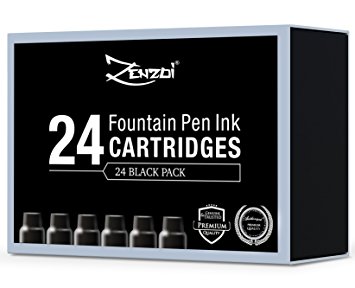 Fountain Pen Ink Refill Cartridges - Big Value Pack of 24 Black Cartridges - ZenZoi International Standard Size Calligraphy Pens Refilling Cartridge Set, Generic Disposable (24 Black)
