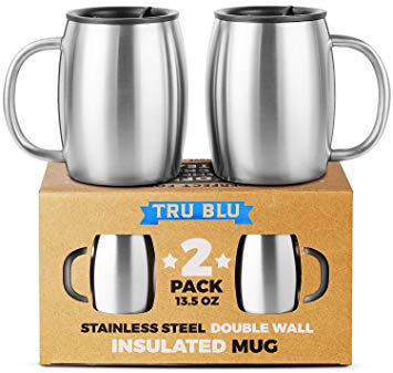 Stainless Steel Coffee Mug with Lid, Set of 2 - Premium Double Wall Insulated Travel Mugs - Shatterproof, BPA Free Spill Resistant Lids, Dishwasher Safe (Steel, 400 ml)