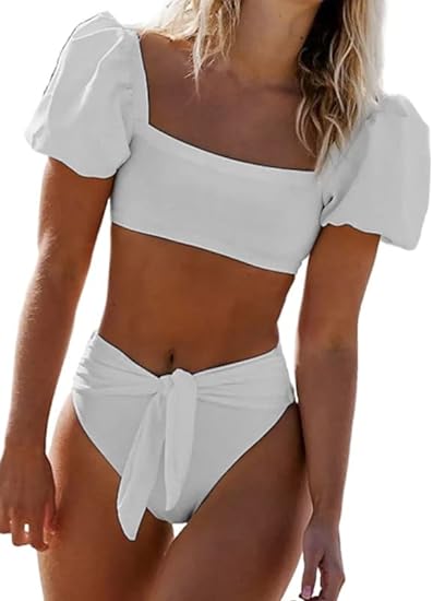 Dokotoo Womens 2023 Cute Solid Bubble Sleeves High Waisted Two Piece Bikini Swimsuit