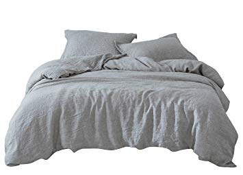 PHF 100% French Linen Duvet Cover Set Durable Breathable Lightweight Luxurious Vintage Warmth 3 Pieces with a Button Closure Queen Size Light Grey