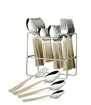 S&S Stainless Steel Cutlery Set of Spoons, Baby Spoon, Tea Spoon and Forks with Stand (Set of 24; Color: Steel Mirror Finish; Thickness: 1.6 mm Each)