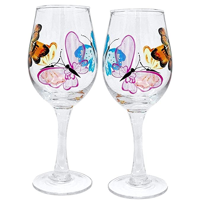 Butterfly Wine Glasses - Set of 2 Standard Wine Glasses – Hand-Painted Colorful Butterfly Design- Fun Wine Glass Set- 14 oz