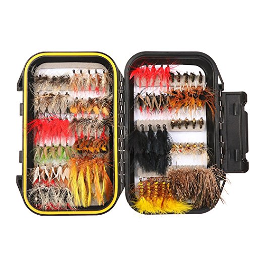 FISHINGSIR Fly Fishing Flies Kit- 64/100/120pcs Handmade Fly Fishing Lures-Dry/Wet Flies,Streamer, Nymph, Emerger with Waterproof Fly Box