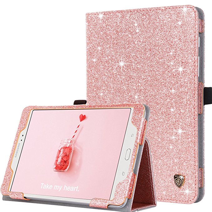 Galaxy Tab A 8.0 Case, Samsung Galaxy A 8 Case 2015, BENTOBEN Glitter Sparkly Bling Style Slim Lightweight Folio Flip PU Leather [Foldable Kickstand Feature] Smart Cover with [Stylus Holder] [Auto Sleep/Wake Function] Full Body Anti-scratch Protective Cover Case for 2015 Samsung Galaxy Tab A 8.0 /T350 Tablet, Cute Rose Gold