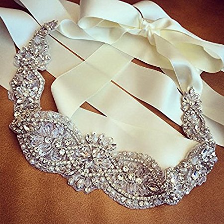 QueenDream light ivory Bridal Sash Crystals Wedding Belt