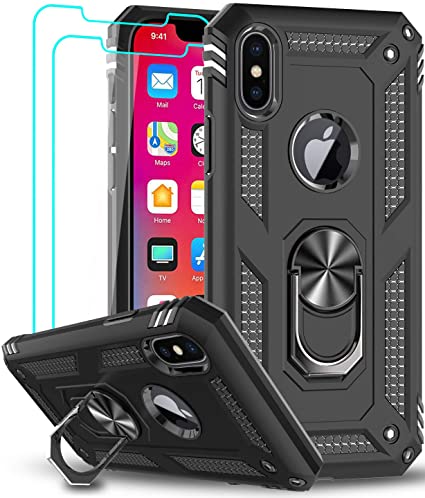 LeYi for Apple iPhone X Case, iPhone Xs Case, iPhone 10 Case with 2PCS Tempered Glass Screen Protector, [Military Grade] Protective Phone Case with Magnetic Car Mount Ring Kickstand for iPhone X/Xs/10, Black