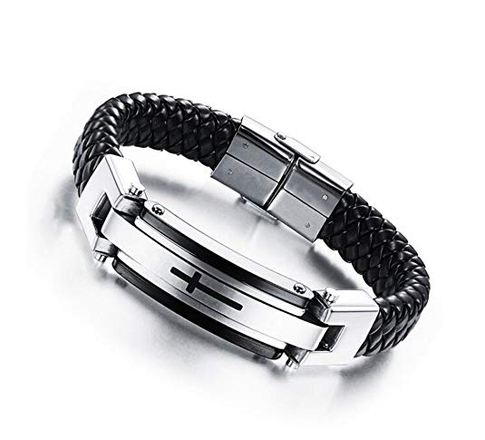 Feraco Cross Leather Bracelet Mens Stainless Steel Religous Cuff Bracelets 8.66 inch,Black
