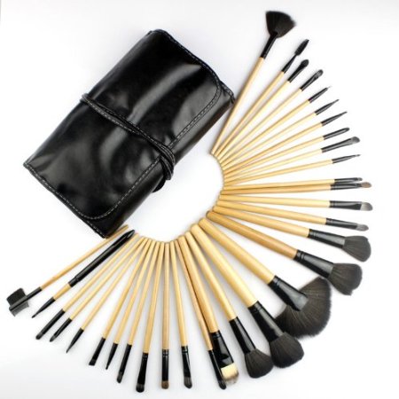 DRQ Professional Makeup Brush Set| Pro Cosmetic-32pc Studio Pro Makeup Make Up Cosmetic Brush Set Kit w/ Leather Case - For Eye Shadow, Blush, Concealer, Etc. (Black & Wood)
