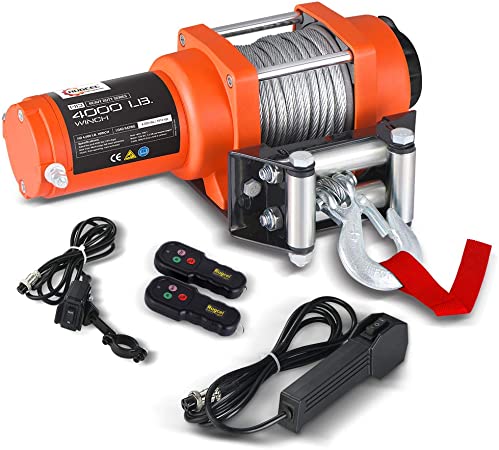 RUGCEL Winch LT4000ATV 12 VDC Winch 4000lbs/1814kg, with Roller Fairlead, Mount Plate, 2 Wired Handle and 2 Wireless Remote