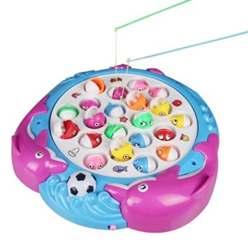 Fajiabao Birthday Gifts Electronic Rotating Fishing Game 4 Fishing Poles 21 fishes Musical Toys Pretend Play Game Set with Bright Light for Kids Boys Girls (Color Vary)