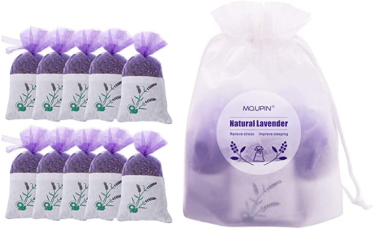 MQUPIN Natural Lavender Scented Sachets Dried Lavender - for Drawers, Cabinets, Wardrobes, Pillows, Cars with Natural Fragrance - 10 Packs/200g