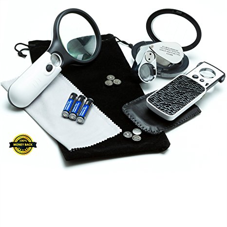 3 Loupe Bundle: 3x Magnifying Glass with Light & 45x Coin Loupe   Lighted Slideout Pocket Geologist Loupe with 10x 20x 30x Lenses   Lighted 40x Jewelers Loupe   Batteries, Bonus & Guarantee