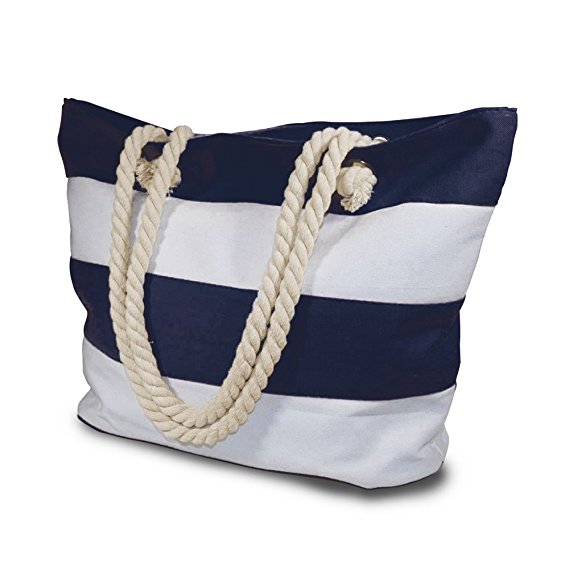 Beach Bag With Inner Zipper Pocket - Large Sized Mesh Cotton Striped Tote Bag & Bonus Phone Dry bag