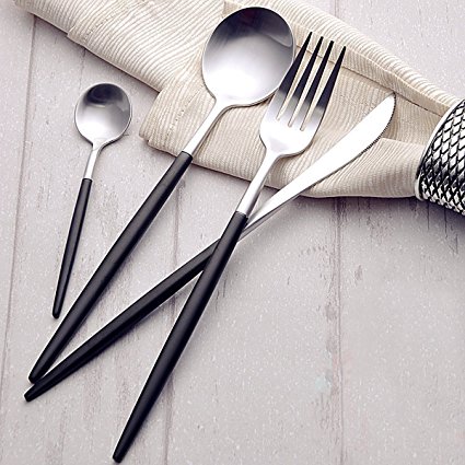 LEKOCH 4-Piece Stainless Steel Flatware Set Including Fork Spoons Knife Tableware (Black Silver)